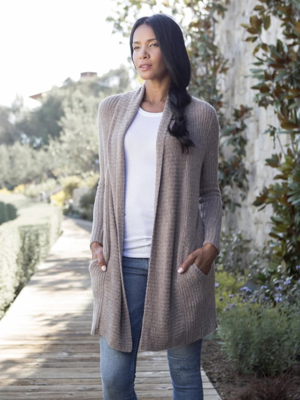 Barefoot Dreams Cozy Chic Lite Cardigan with tie waist - ivory
